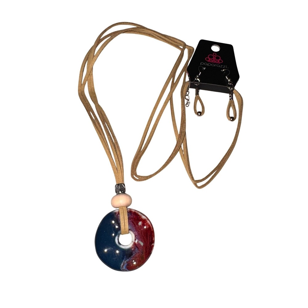 NWT Paparazzi Jewelry Set Blue‎ Red Resin Pendant Suede Cord Necklace Earrings